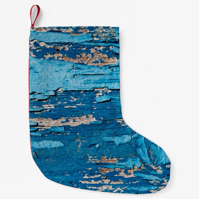 Blue old wooden background  small christmas stocking (Front)