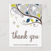 Blue & Olive | Cute Lovebirds Thank You Postcard