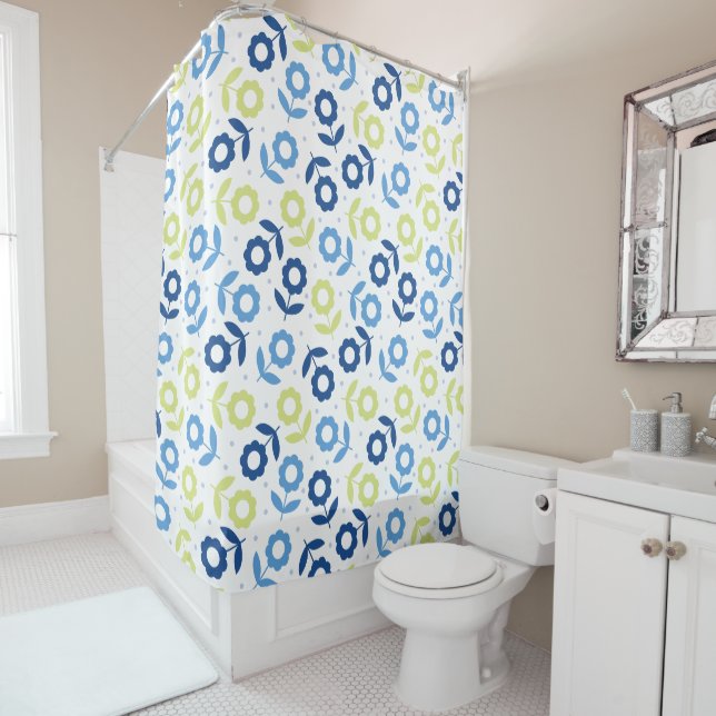 Blue Olive Floral Pattern Design Shower Curtain (In Situ)