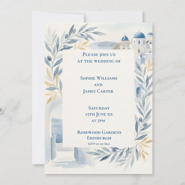 Blue Olive Santorini Wedding Invitation (Front)