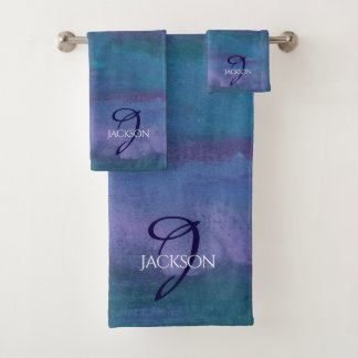 Blue Ombre Abstract | Teal Violet Purple Monogram Bath Towel Set