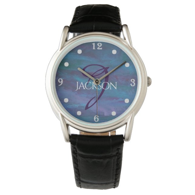 Blue Ombre Abstract | Teal Violet Purple Monogram Watch (Front)