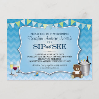 Blue Ombre Chevron Baby Sip and See Invitation