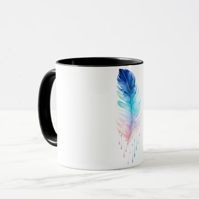 Blue Ombre Feather Watercolor Mug (Front Left)