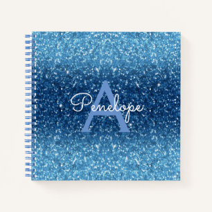 Blue Ombre Glitter and Monogram Sketchbook Notebook