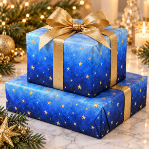 Blue Ombré Gold Stars Hanukkah  Wrapping Paper