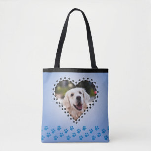 Blue Ombre Heart Paw Prints Custom Dog Mum Tote Bag
