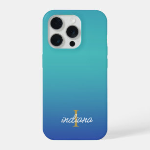 Blue Ombre Monogram Script Modern iPhone 15 Pro Case