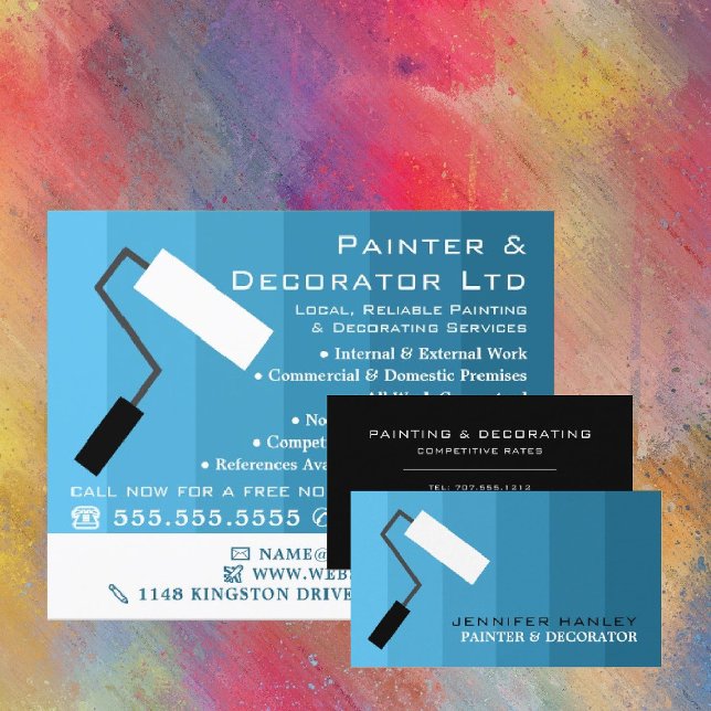 Blue Ombre & Paint Roller, Painter & Decorator Business Card (Creator Uploaded)