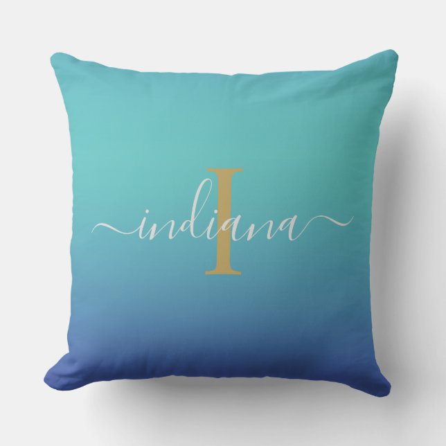 Blue Ombre Script Name Monogram Cushion (Front)