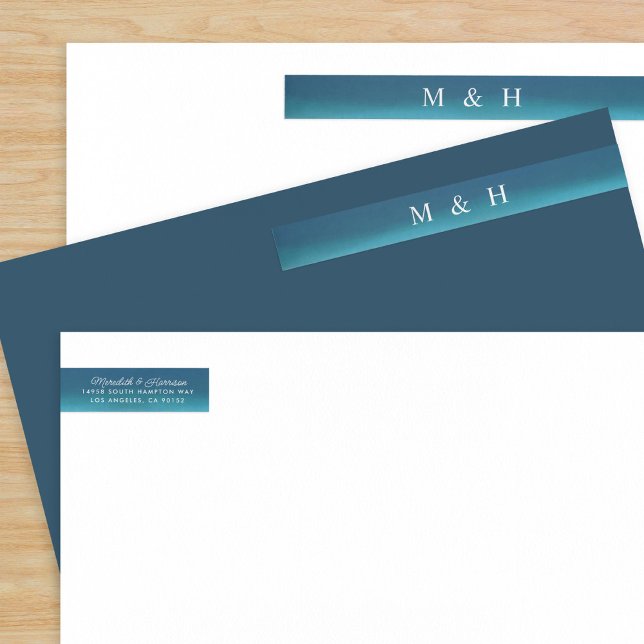 Blue Ombre Watercolor Couples Monogram Wrap Around Label (Creator Uploaded)