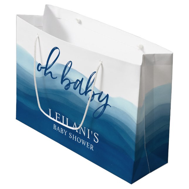 Blue Ombre Watercolor Oh Baby Shower Large Gift Bag (Front Angled)