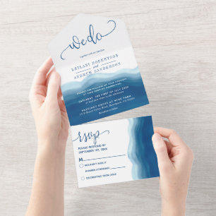 Blue Ombre Watercolor Wave We Do Wedding All In One Invitation