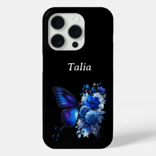 Blue on Black Floral Butterfly Personalised iPhone 15 Pro Case