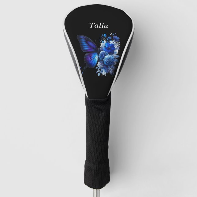 Blue on Black Floral Butterfly Personalised Golf Head Cover (Front)
