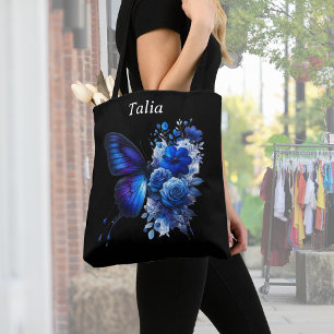 Blue on Black Floral Butterfly Personalised Tote Bag
