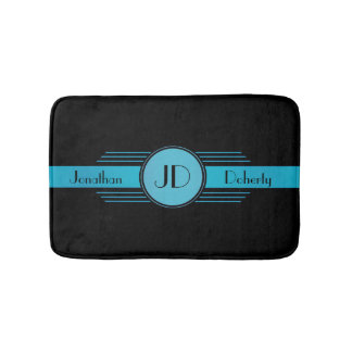 Blue on Black Monogram Art Deco Bath Mat