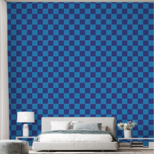 Blue on Blue Chequerboard Patterned Wallpaper