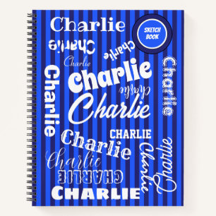 Blue on Blue Stripes Checks Personalised Name Art Notebook