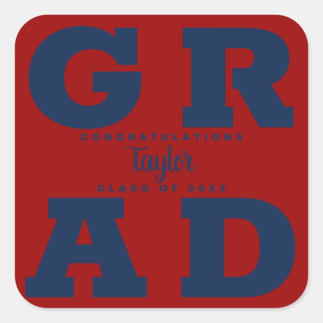 Blue on Dark Red Graduation Square Sticker (Front)