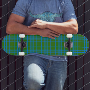 Blue On Green Tartan Plaid Pattern Design  Skateboard