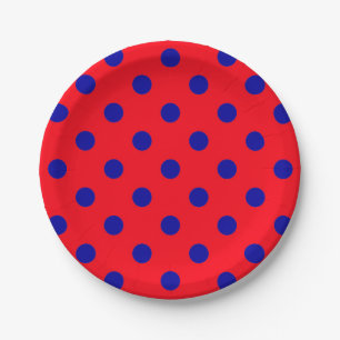 Blue On Red Polka Dots Pattern Design Paper Plate