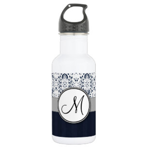 Blue on Silver Damask w Navy Stripes and Monogram 532 Ml Water Bottle