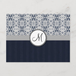 Blue on Silver Damask w Navy Stripes and Monogram Postcard
