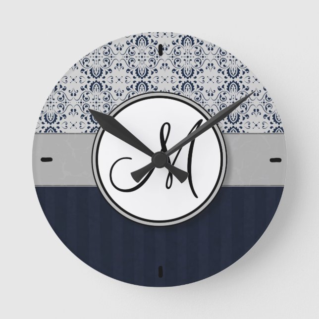Blue on Silver Damask w Navy Stripes and Monogram Round Clock (Front)