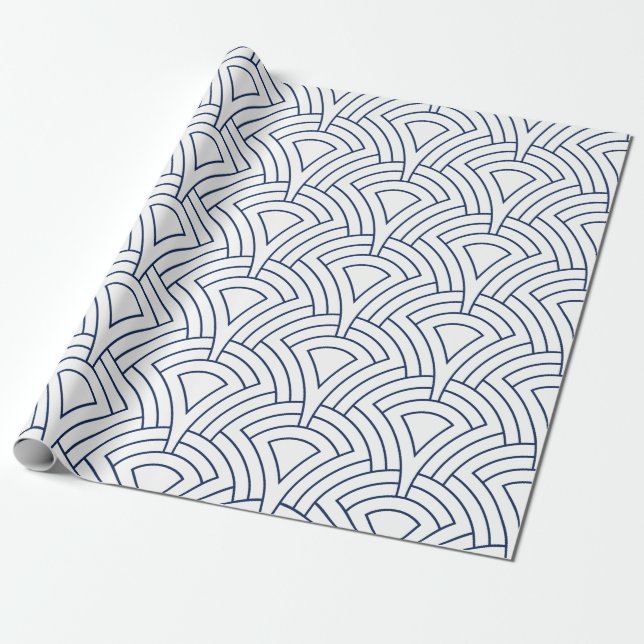 Blue on white art-deco geometric pattern wrapping paper (Unrolled)
