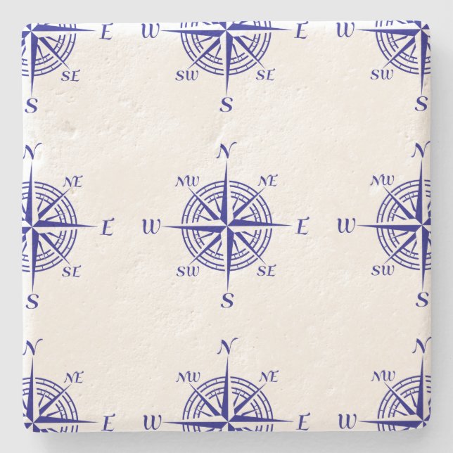 Blue On White Coastal Decor Compass Rose Pattern Stone Coaster (Front)
