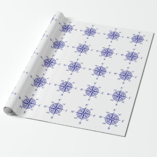 Blue On White Coastal Decor Compass Rose Pattern Wrapping Paper