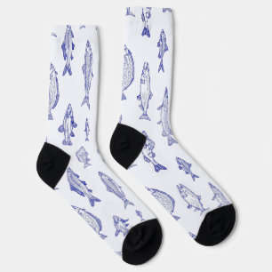 Blue on white fish pattern upstream  socks