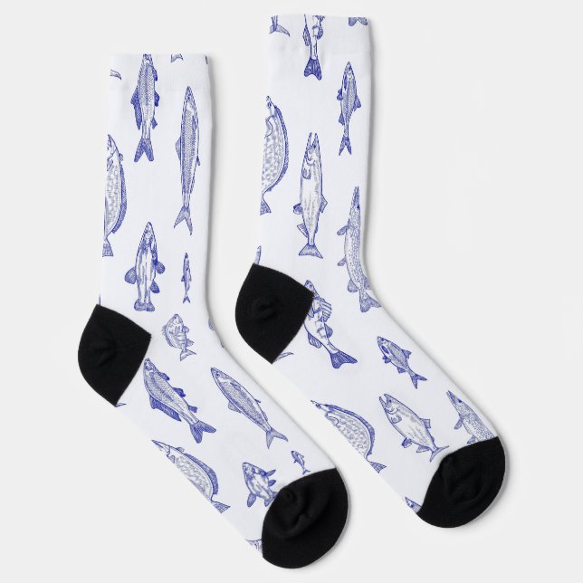Blue on white fish pattern upstream  socks (Right)