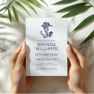 Blue on White Floral Blue Anchor Birthday Party Invitation