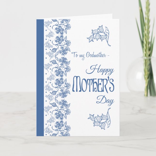 Blue on White Floral Mother's Day Card, Godmother Card (Front)