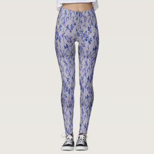 Blue on white floral print fabric texture leggings