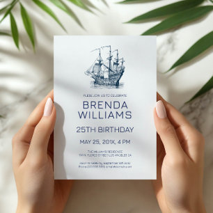 Blue on White Vintage Boat Birthday Party Invitation