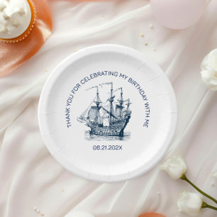 Blue on White Vintage Boat Birthday Party Paper Plate