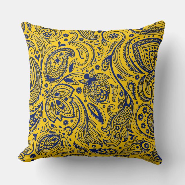Blue On Yellow Vintage Paisley Cushion (Front)
