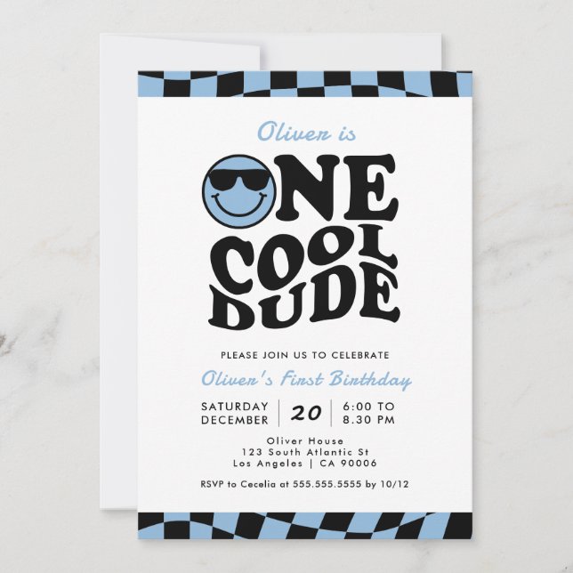 Blue One Cool Dude Preppy Smile Boy 1st Birthday Invitation (Front)