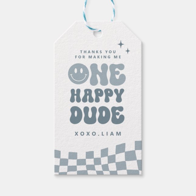 Blue ONE Happy Dude Birthday Cropped favour tag (Front)