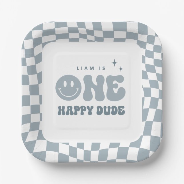 Blue ONE Happy Dude Birthday Party Plates (Front)