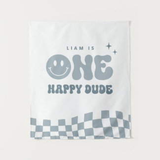 Blue ONE Happy Dude Birthday Party Tapestry