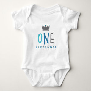 Blue ONE Name and Crown First Birthday Baby Bodysuit