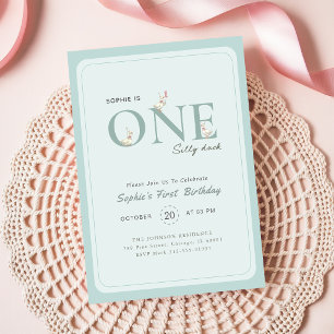 Blue One Silly Duck Bow Baby First Birthday Invitation