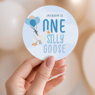 Blue One Silly Goose 1st Birthday Classic Round Sticker