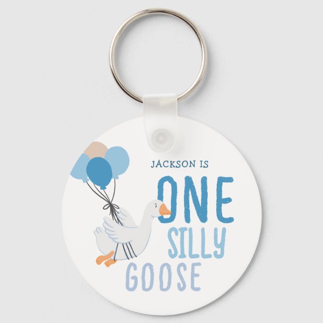 Blue One Silly Goose 1st Birthday Key Ring (Front)