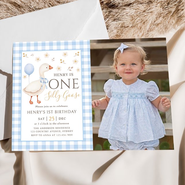 Blue One Silly Goose 1st Birthday Photo Invitation (Creator Uploaded)
