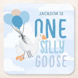 Blue One Silly Goose 1st Birthday Square Paper Coaster